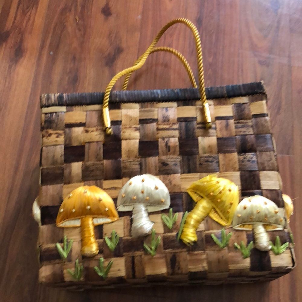 Vintage mushroom woven Natural fiber bag.